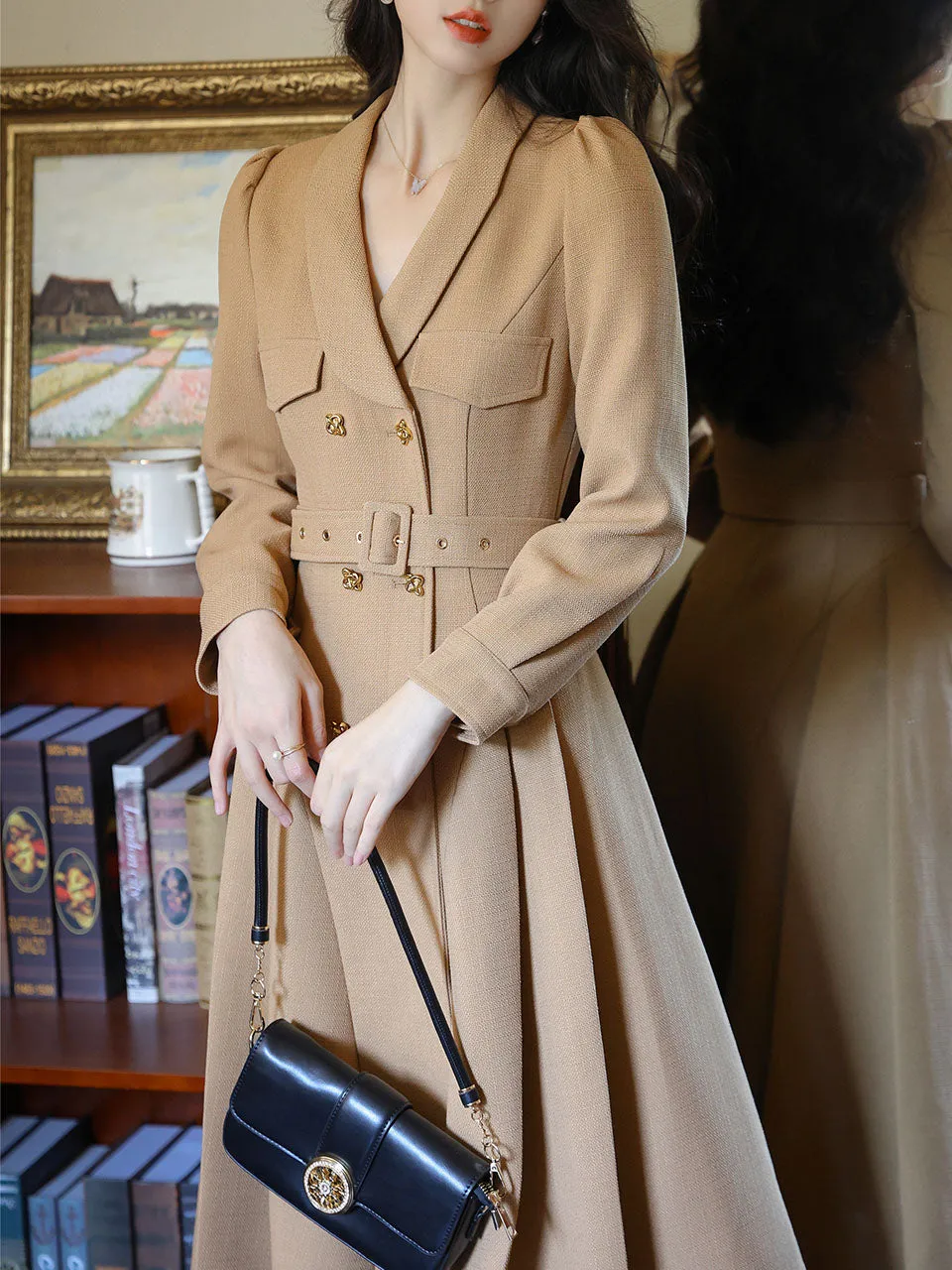 1950S Khaki V Neck 1950S Windbreaker Swing Vintage Dress