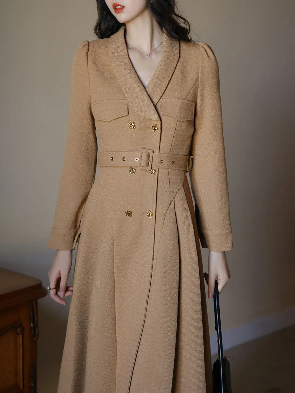 1950S Khaki V Neck 1950S Windbreaker Swing Vintage Dress