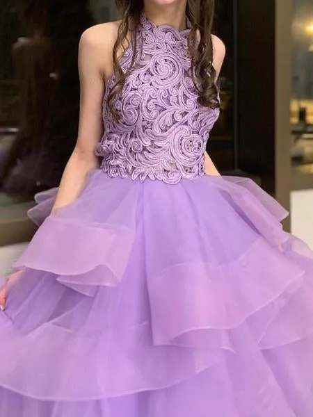 A Line High Neck Ruffles Lavender Ball Gown Prom Dresses with Appliques JS679