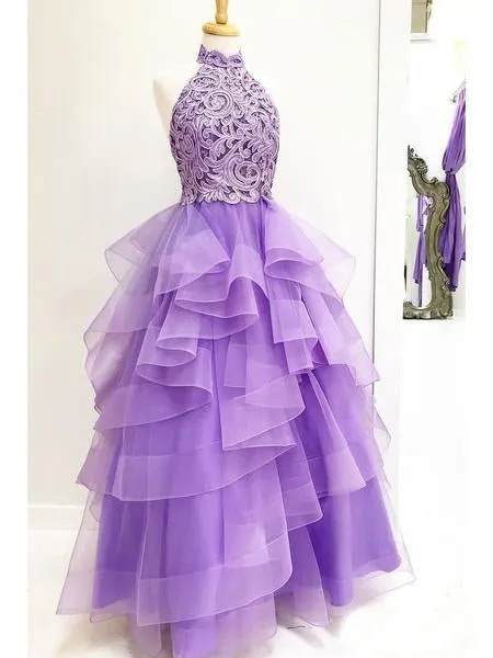 A Line High Neck Ruffles Lavender Ball Gown Prom Dresses with Appliques JS679