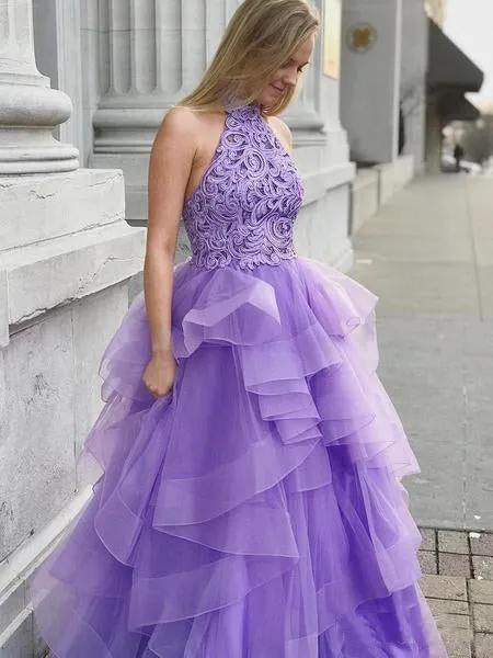 A Line High Neck Ruffles Lavender Ball Gown Prom Dresses with Appliques JS679