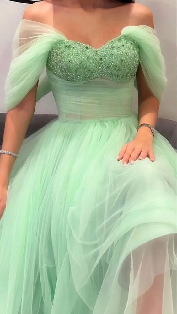 A-Line Mint Green Beaded Tulle Long Prom Dress Y6556