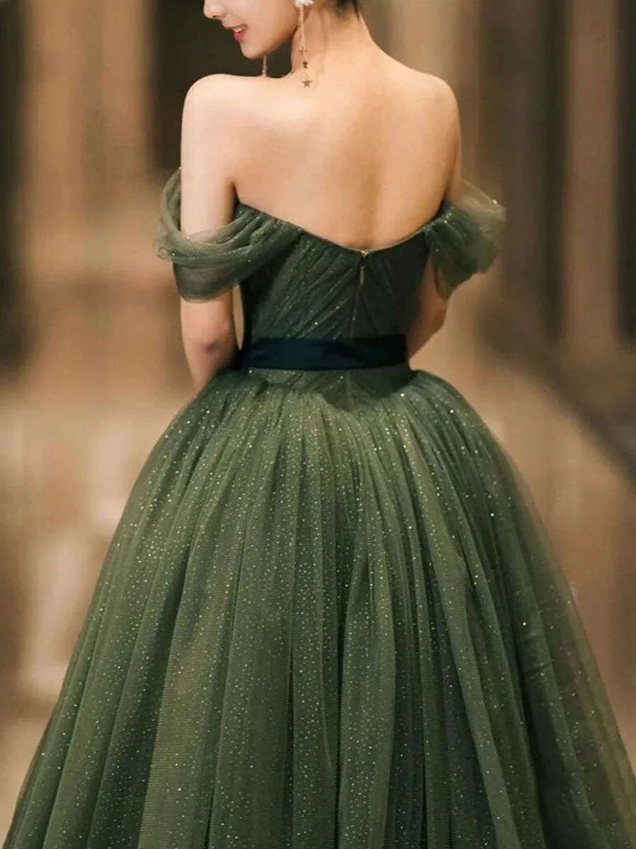 A-Line Off Shoulder Tulle Green Long Prom Dress, Green Long Formal Dress