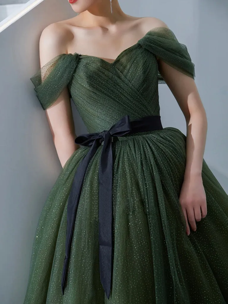 A-Line Off Shoulder Tulle Green Long Prom Dress, Green Long Formal Dress