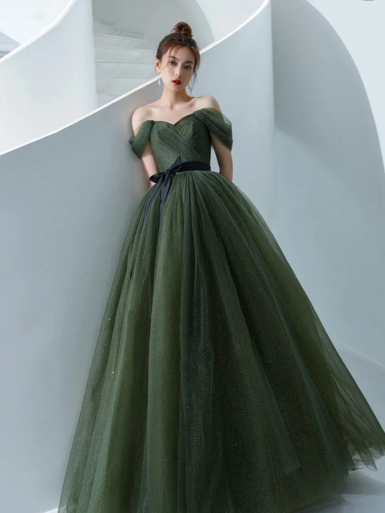 A-Line Off Shoulder Tulle Green Long Prom Dress, Green Long Formal Dress