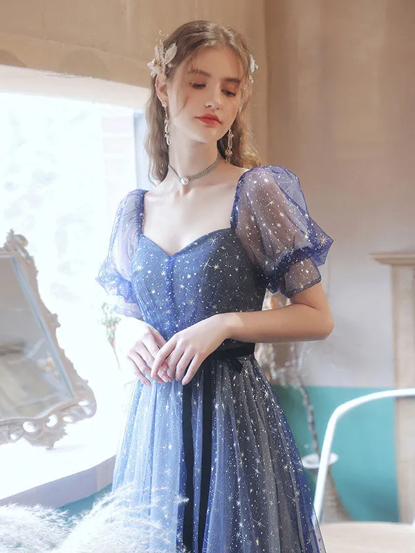 A-line Tulle Starry Blue Long Prom Dress, Blue Formal Graduation Dresses