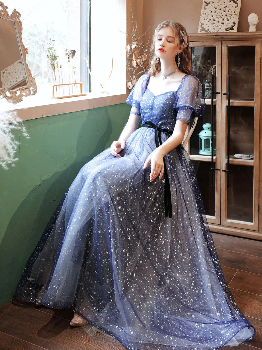 A-line Tulle Starry Blue Long Prom Dress, Blue Formal Graduation Dresses