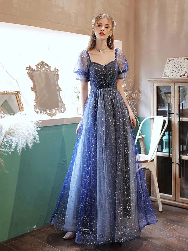 A-line Tulle Starry Blue Long Prom Dress, Blue Formal Graduation Dresses