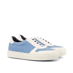 Ambrogio Bespoke Custom Women's Custom Made Shoes White & Blue Linen / Suede Leather Casual Trainer Sneakers (AMBW1007)