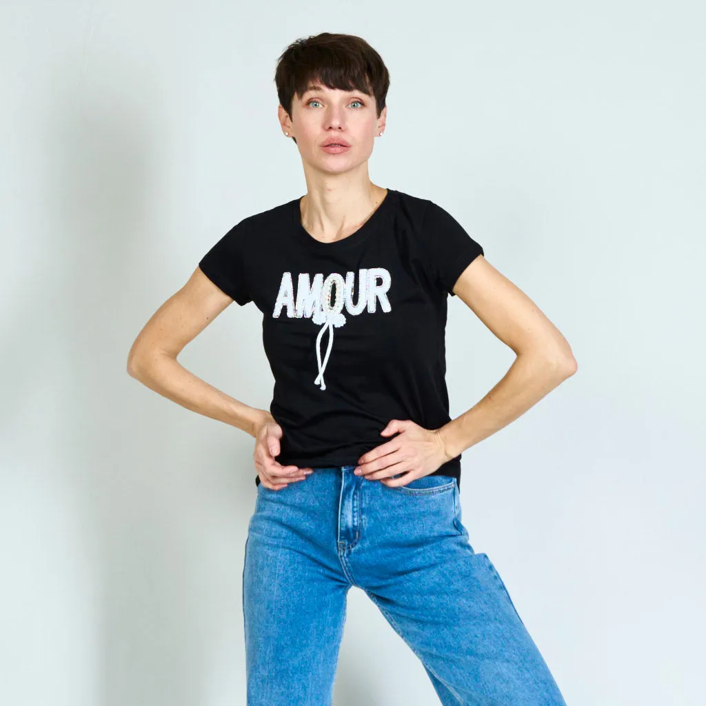 AMOUR patchs t-shirt with lace and pearls wholesale