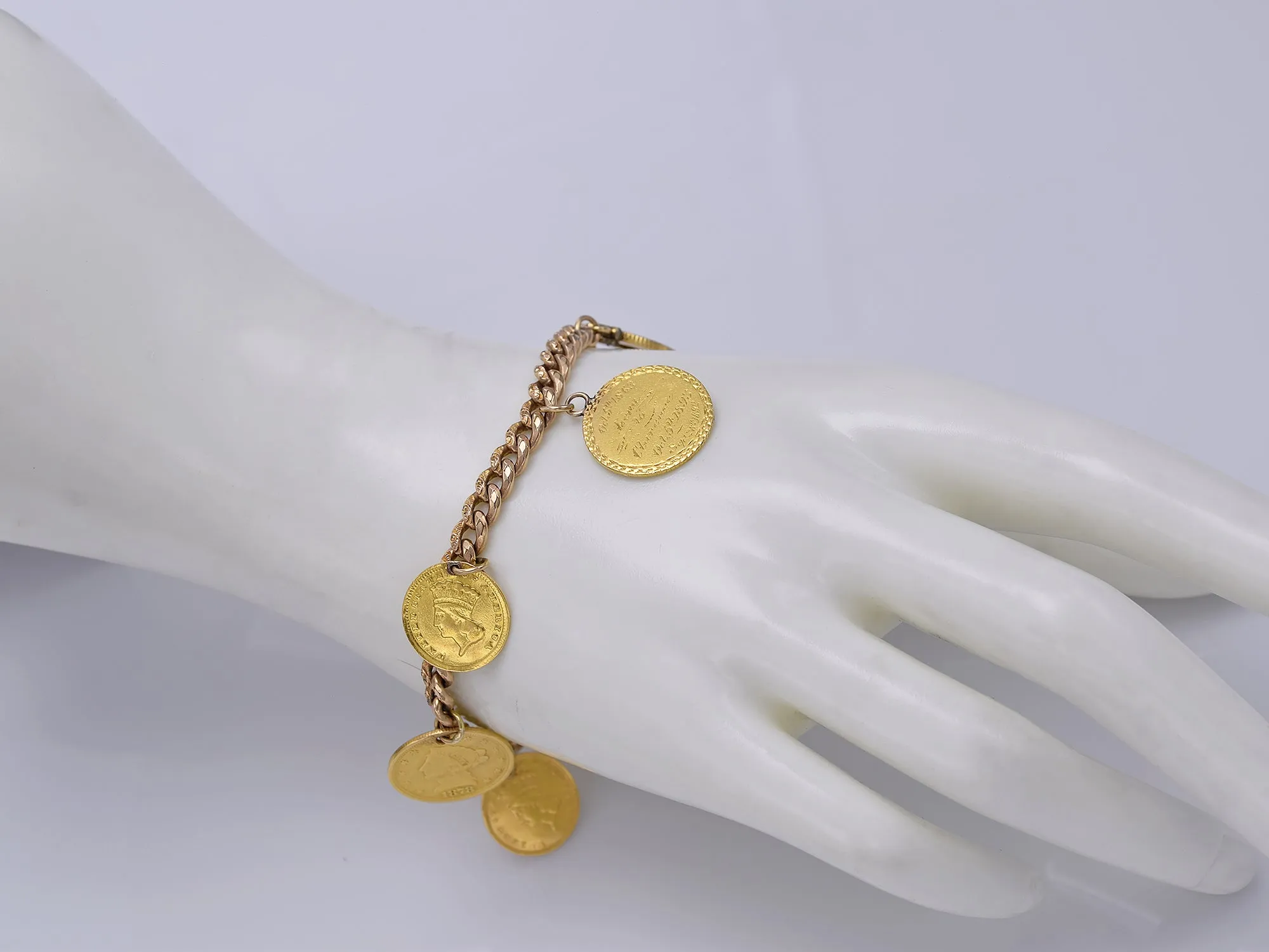 Antique 14K Gold Diamond Love Token Bracelet - US 4x $1 & 2x $2 1/2 Liberty Gold