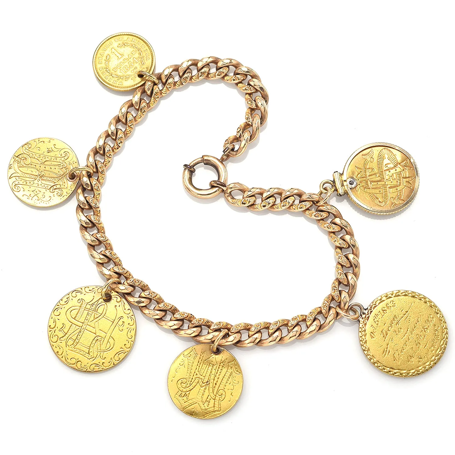 Antique 14K Gold Diamond Love Token Bracelet - US 4x $1 & 2x $2 1/2 Liberty Gold