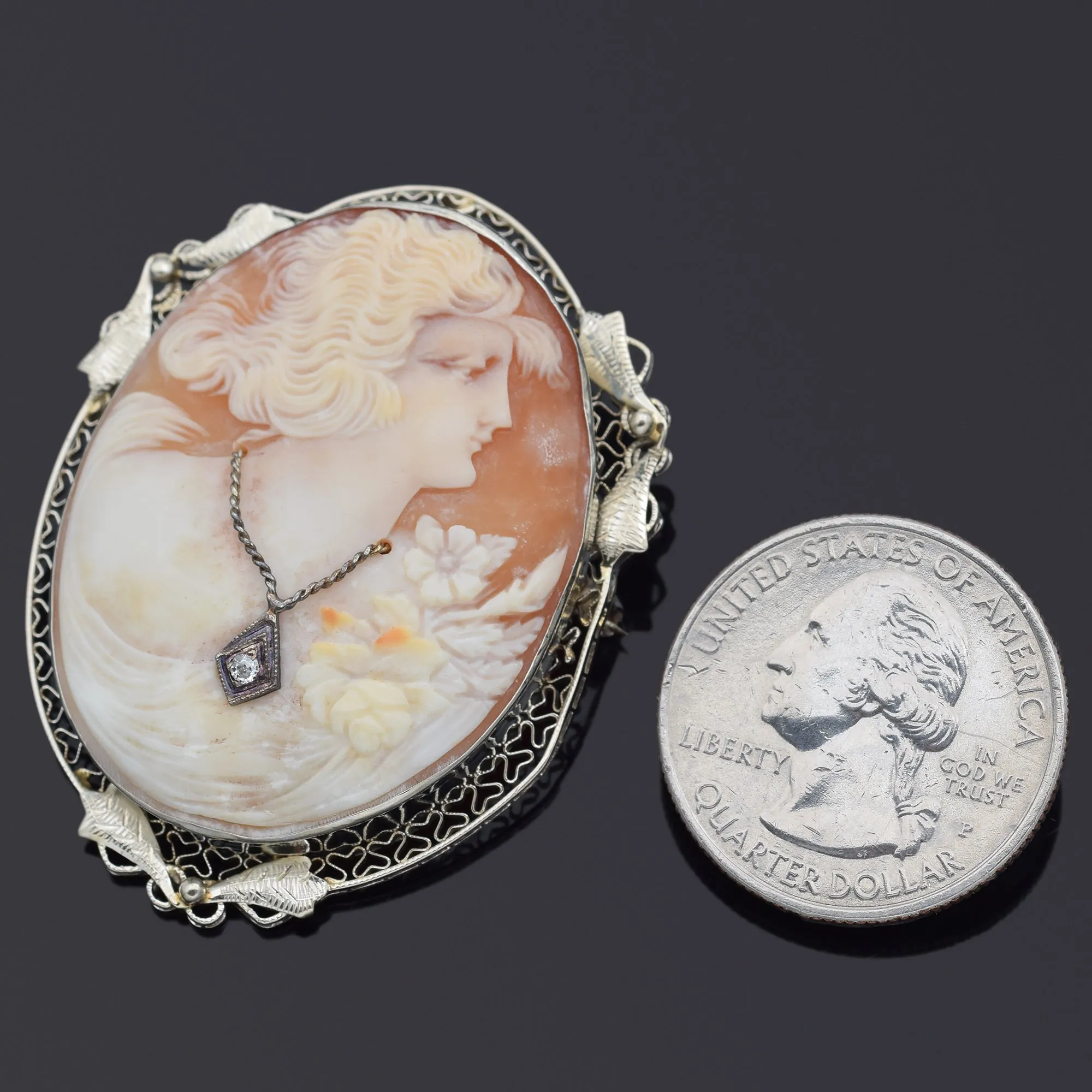 Antique 14K White Gold Cameo Shell & Diamond Oval Brooch Pin Pendant