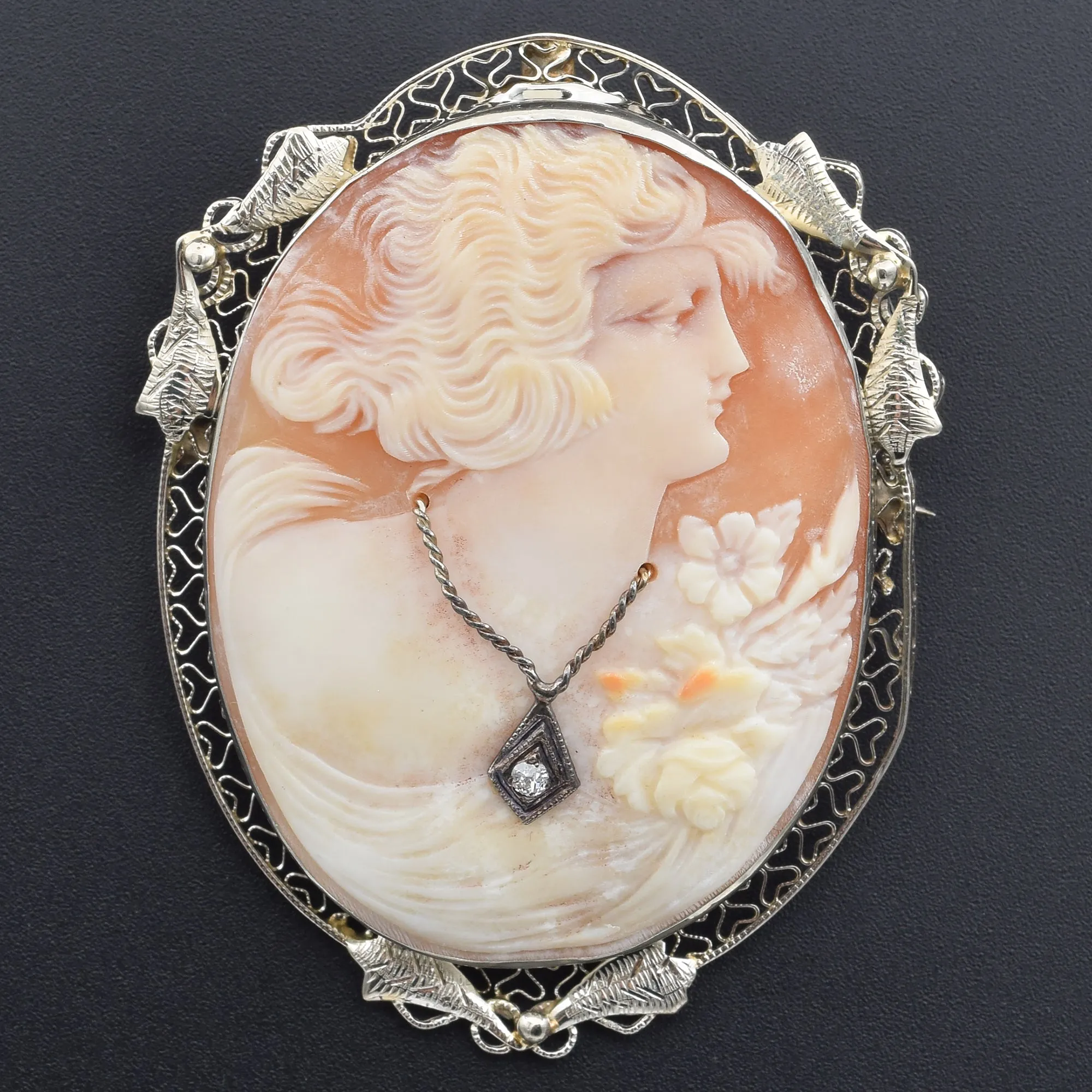 Antique 14K White Gold Cameo Shell & Diamond Oval Brooch Pin Pendant