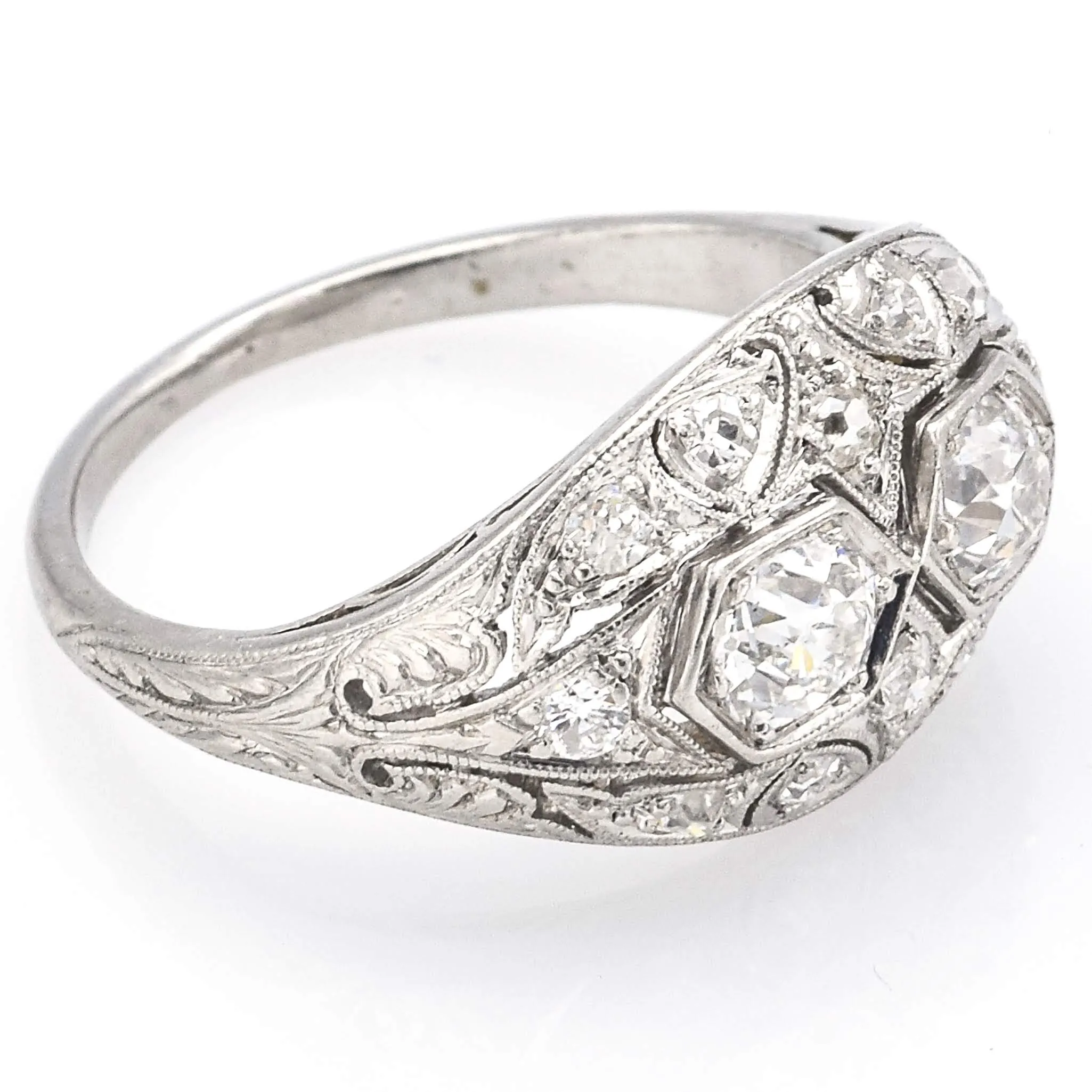 Antique Platinum Old Euro Cut Diamond Art Deco Band Ring