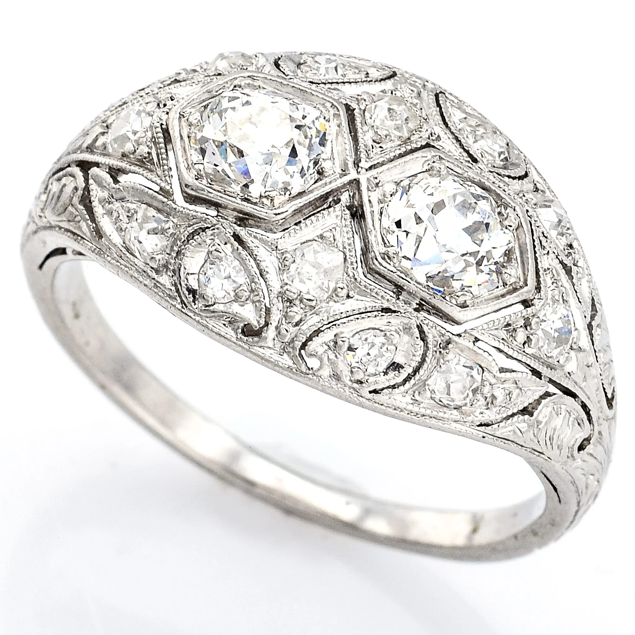 Antique Platinum Old Euro Cut Diamond Art Deco Band Ring