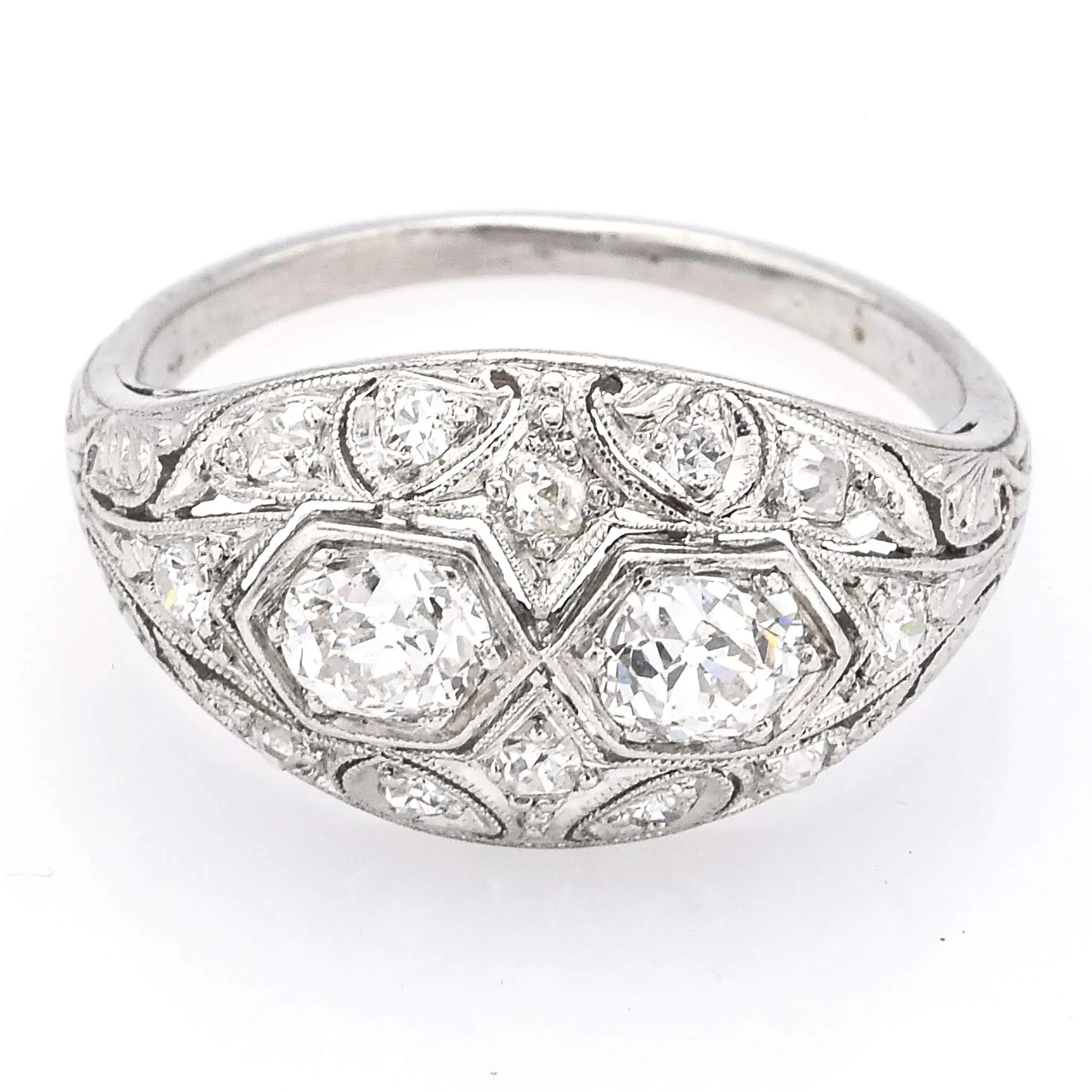 Antique Platinum Old Euro Cut Diamond Art Deco Band Ring