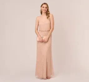 Art Deco Beaded Blouson Gown In Blush