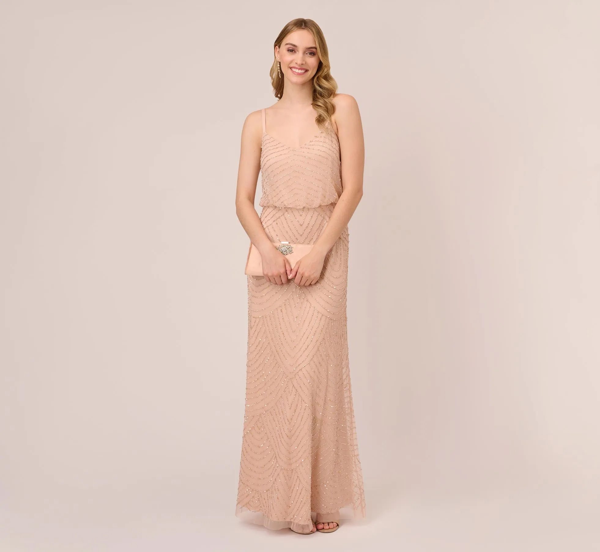 Art Deco Beaded Blouson Gown In Blush