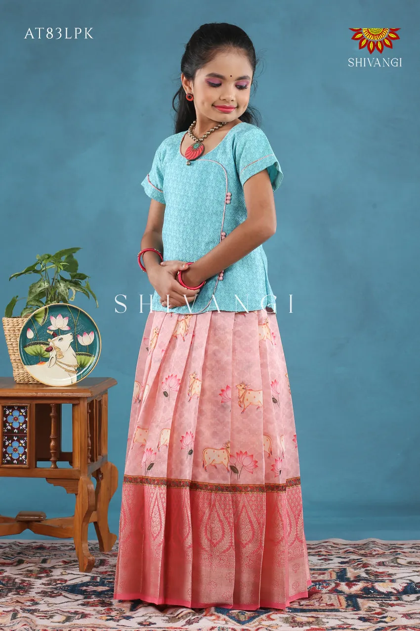 Baby Pink Pichwai Lotus Pattu Pavadai For Girls !!!