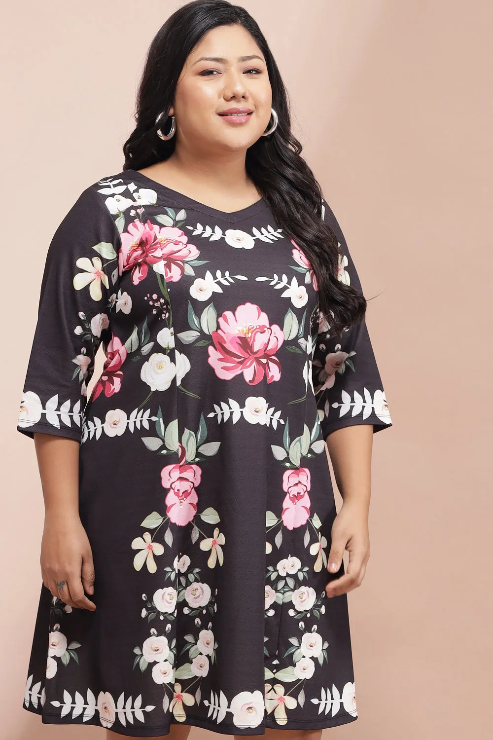 Black Bright Floral Printed Dress