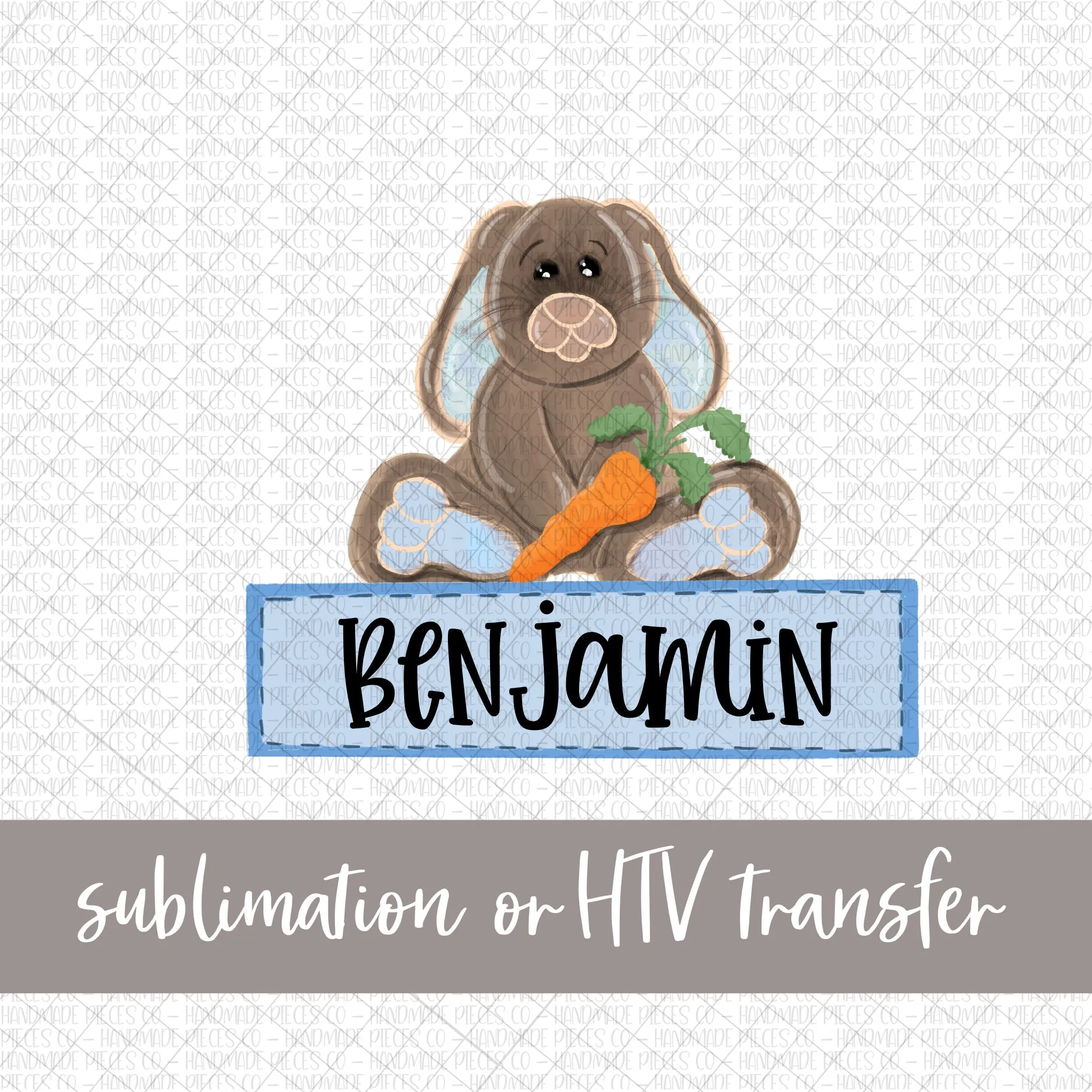 Bunny with Carrot, Watercolor Blue with Name - Sublimation or HTV Transfer