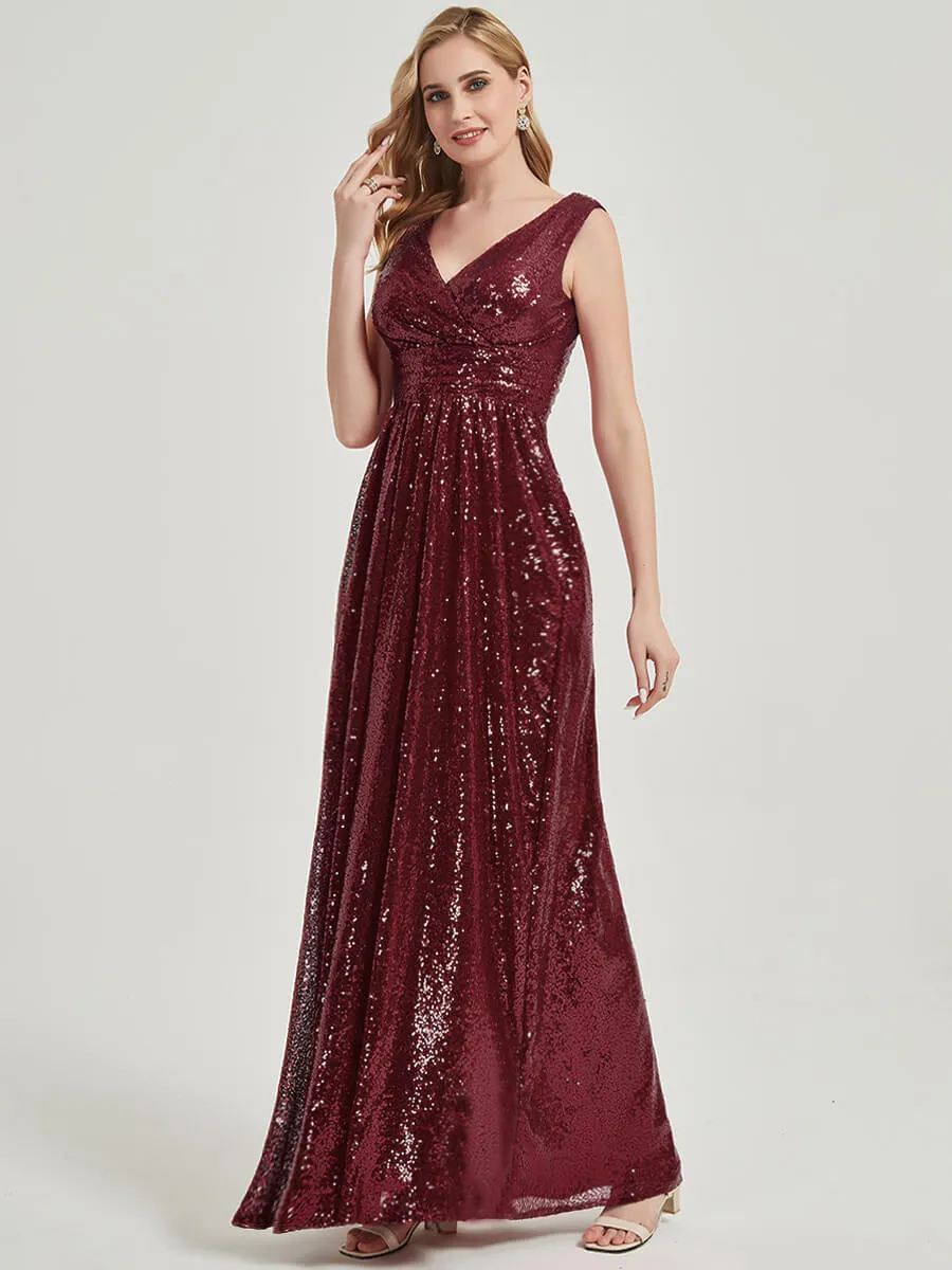 Burgundy V-Neck Sleeveless Empire Maxi Sequin Bridesmaid Dress