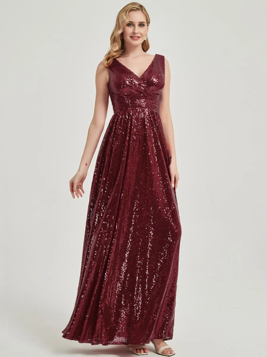 Burgundy V-Neck Sleeveless Empire Maxi Sequin Bridesmaid Dress