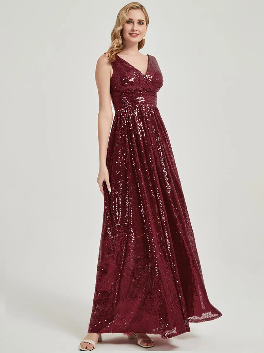 Burgundy V-Neck Sleeveless Empire Maxi Sequin Bridesmaid Dress