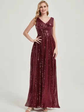 Burgundy V-Neck Sleeveless Empire Maxi Sequin Bridesmaid Dress