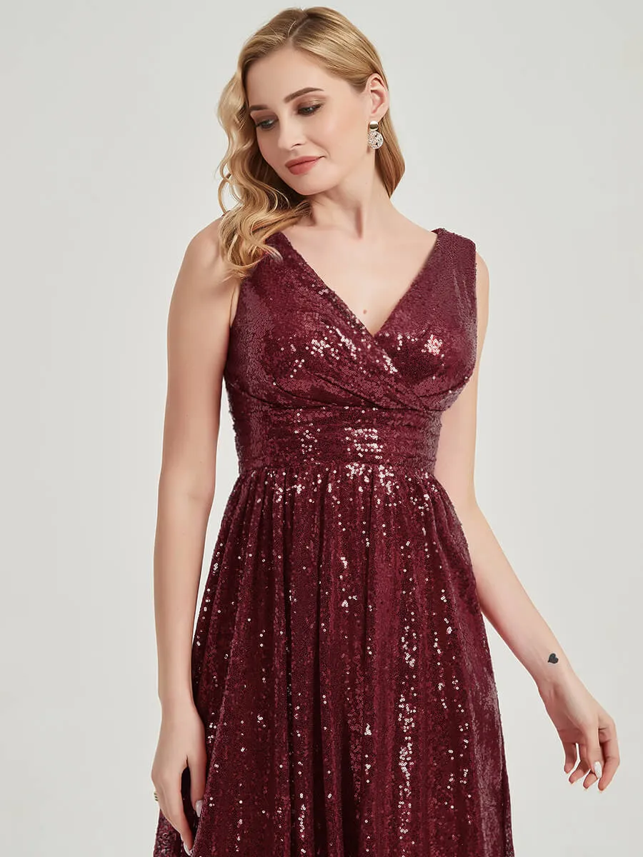 Burgundy V-Neck Sleeveless Empire Maxi Sequin Bridesmaid Dress