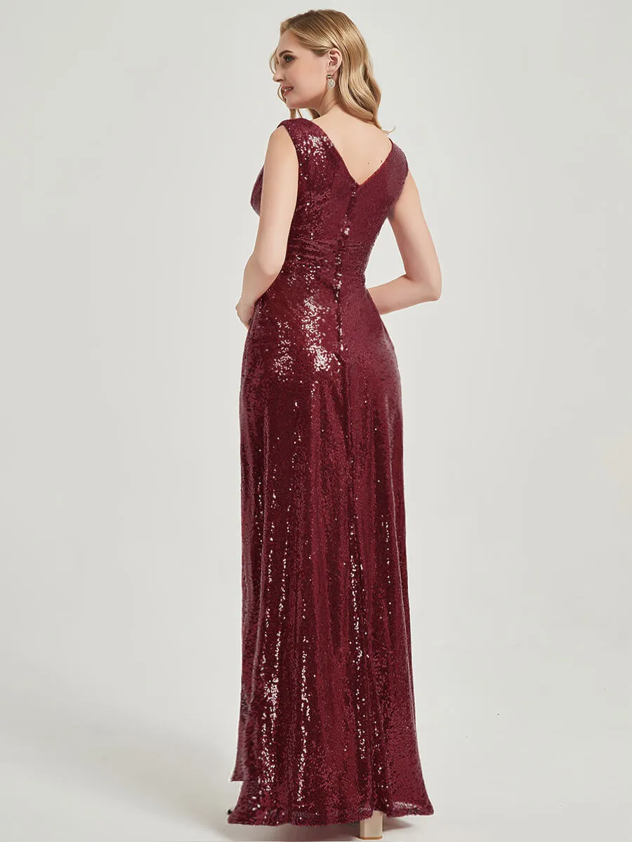 Burgundy V-Neck Sleeveless Empire Maxi Sequin Bridesmaid Dress