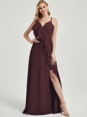 Cabernet Criss-Cross Straps Ruffles Slit Chiffon Maxi Bridesmaid Dress