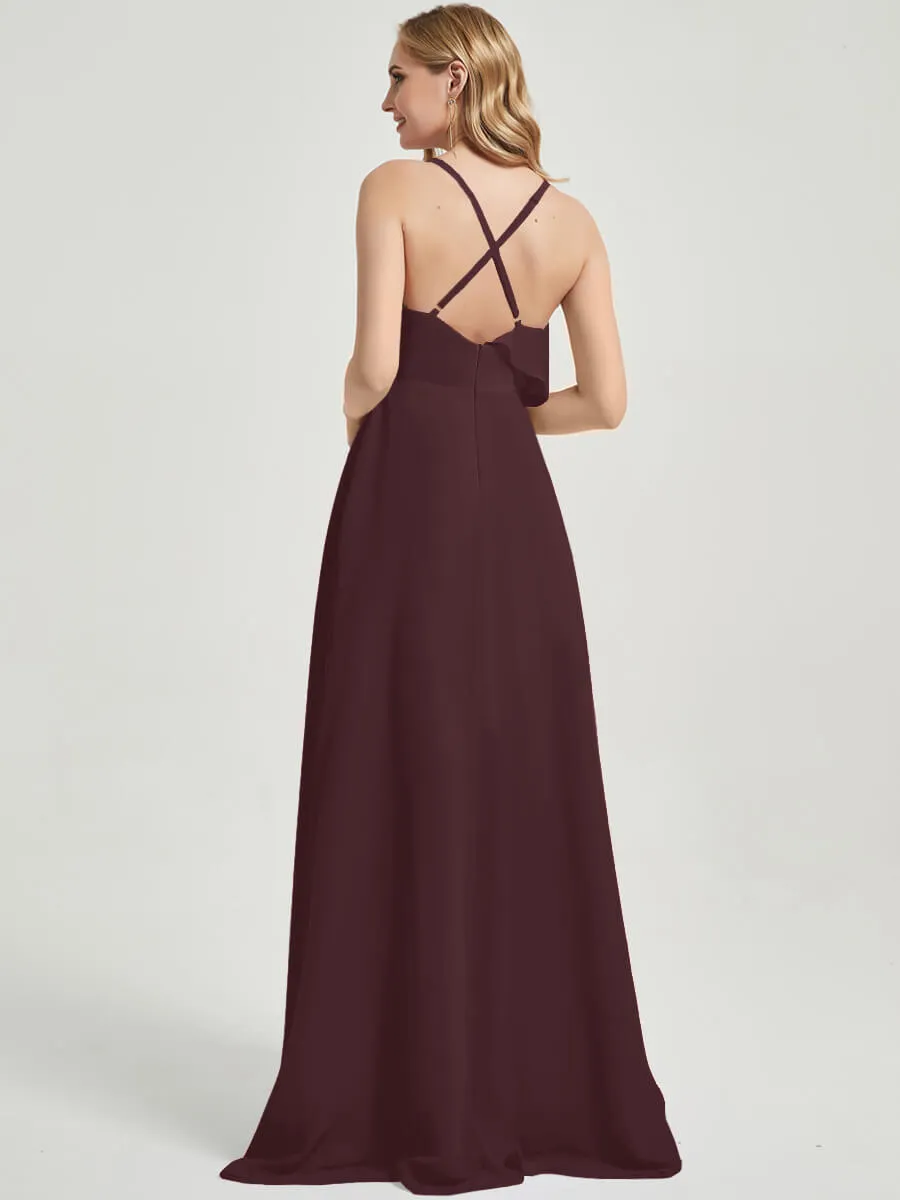 Cabernet Criss-Cross Straps Ruffles Slit Chiffon Maxi Bridesmaid Dress