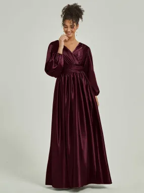 Cabernet Satin 3/4 Long Slit Sleeve V-Neck Slit Pleated Bridesmaid Dress