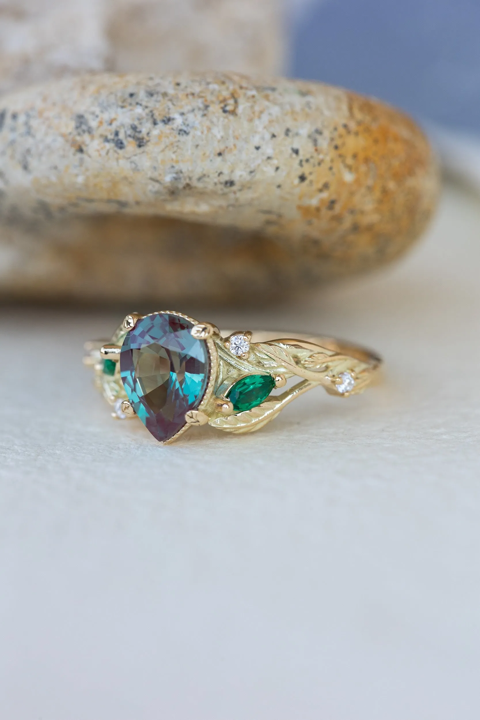 Colour changing alexandrite engagement ring, gold vines proposal ring / Patricia