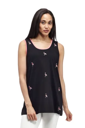 Cotton Knit Tank with Flamingo Embroidery