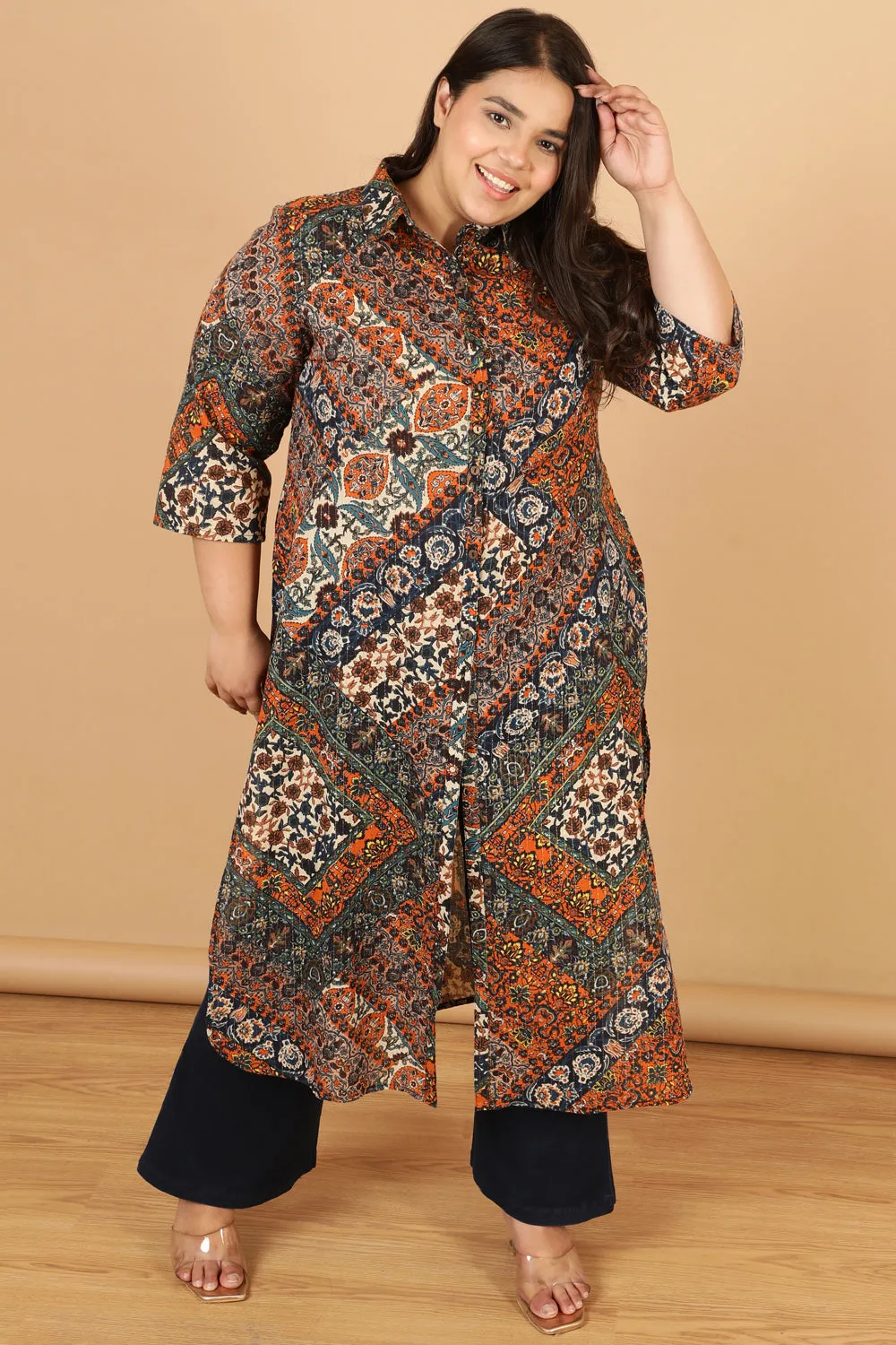 Cotton Shrug Kurta in Ethnic Print