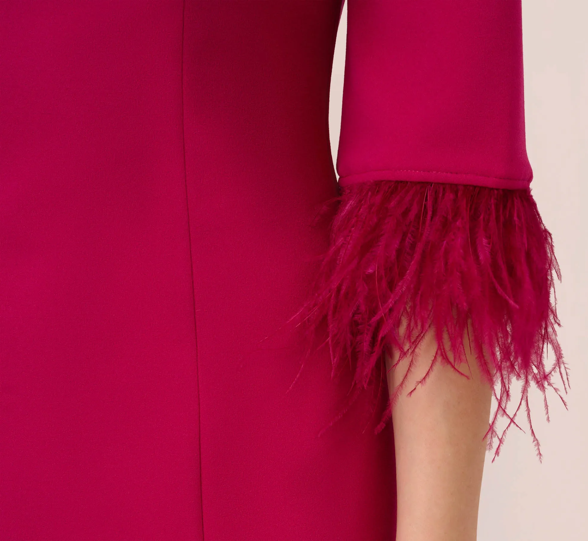 Crepe Sheath Dress With V-Back And Feather-Trim Sleeves In Rich Magenta