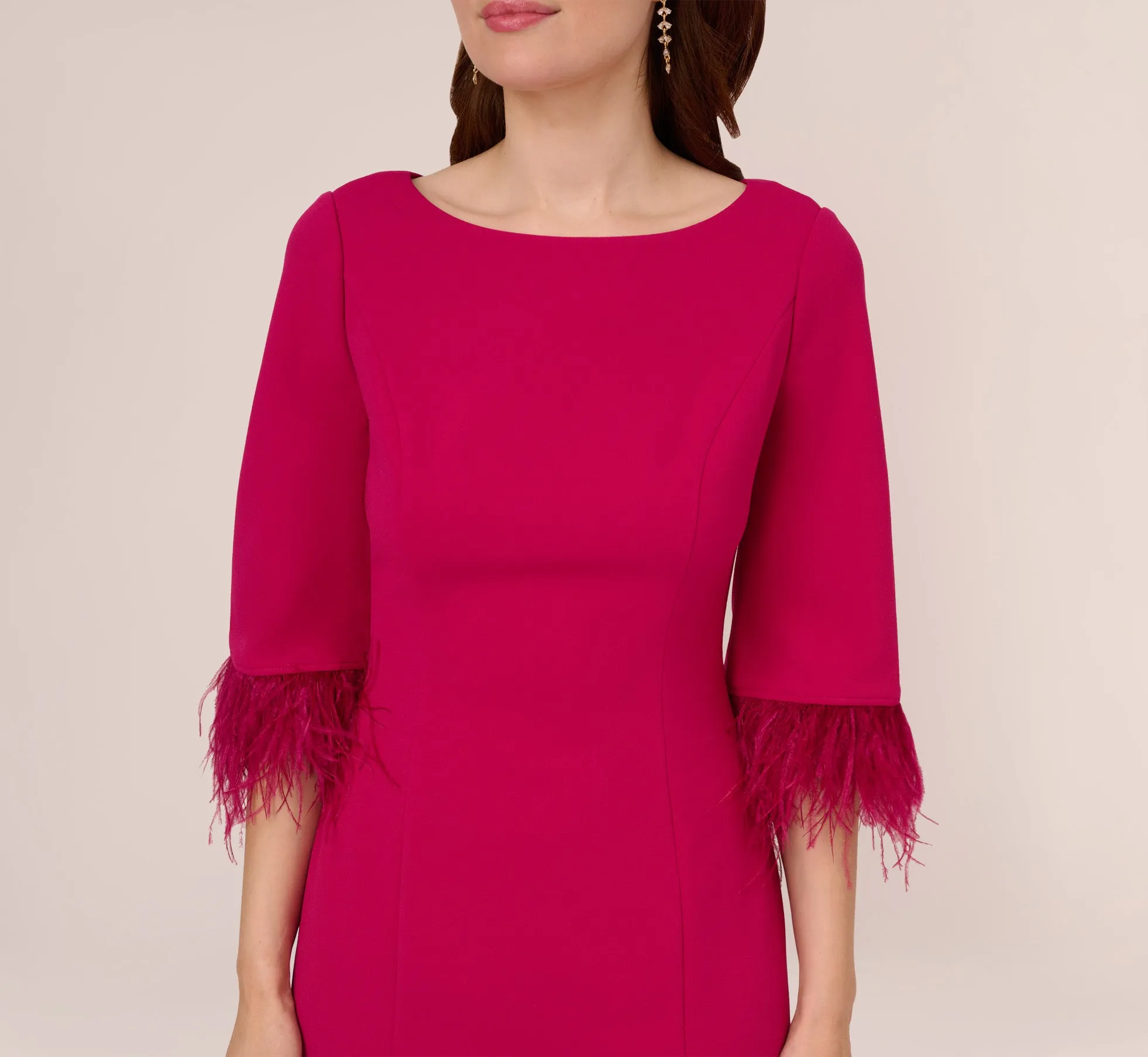 Crepe Sheath Dress With V-Back And Feather-Trim Sleeves In Rich Magenta