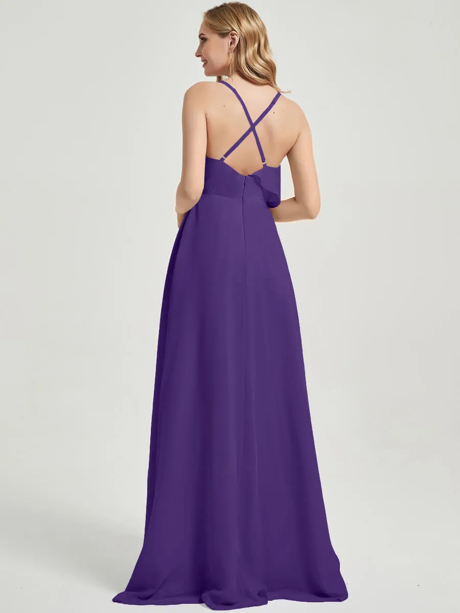 Criss-Cross Straps Ruffles Slit Chiffon Bridesmaid Dress Royal Purple