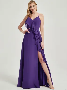 Criss-Cross Straps Ruffles Slit Chiffon Bridesmaid Dress Royal Purple