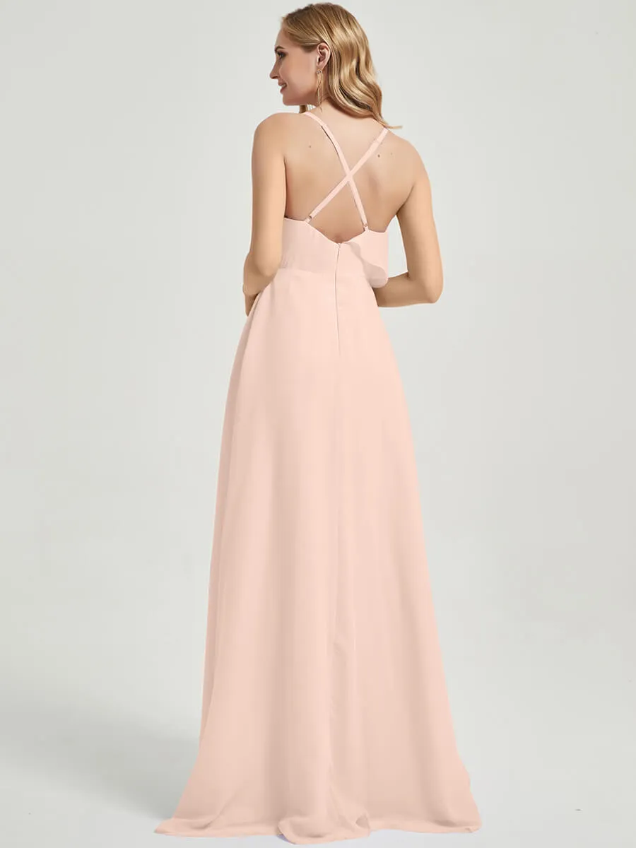 Criss-Cross Straps Ruffles Slit Chiffon Maxi Bridesmaid Dress Pearl Pink