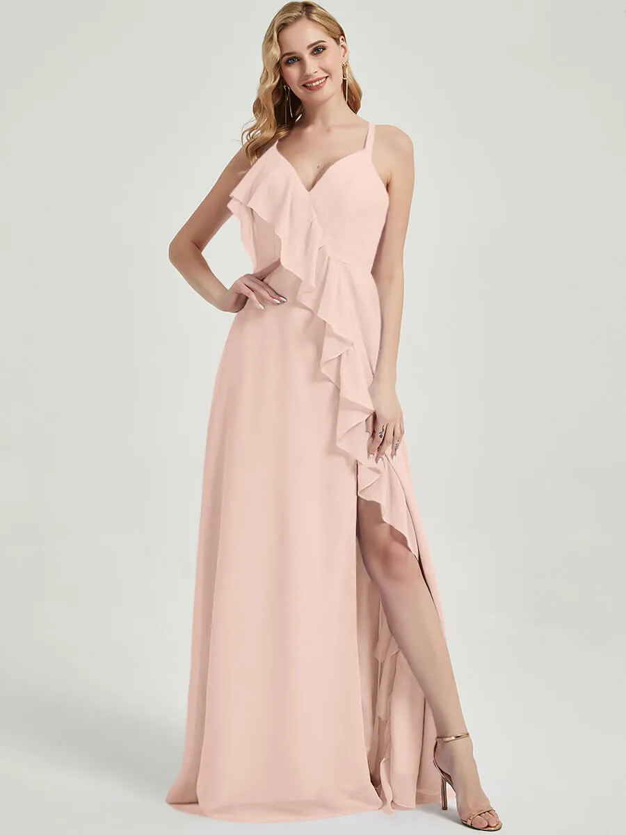 Criss-Cross Straps Ruffles Slit Chiffon Maxi Bridesmaid Dress Pearl Pink