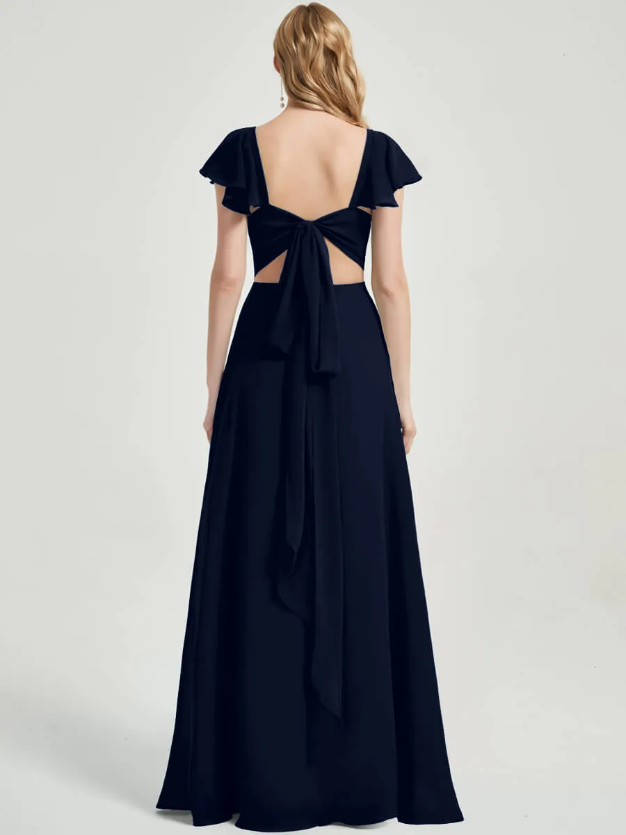 Dark Navy Ruffle Cap Sleeve Maxi Chiffon Bridesmaid Dress With Slit