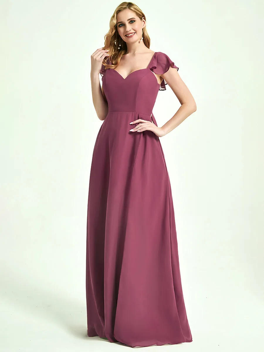 Dark Navy Ruffle Cap Sleeve Maxi Chiffon Bridesmaid Dress With Slit