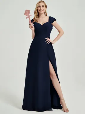 Dark Navy Ruffle Cap Sleeve Maxi Chiffon Bridesmaid Dress With Slit