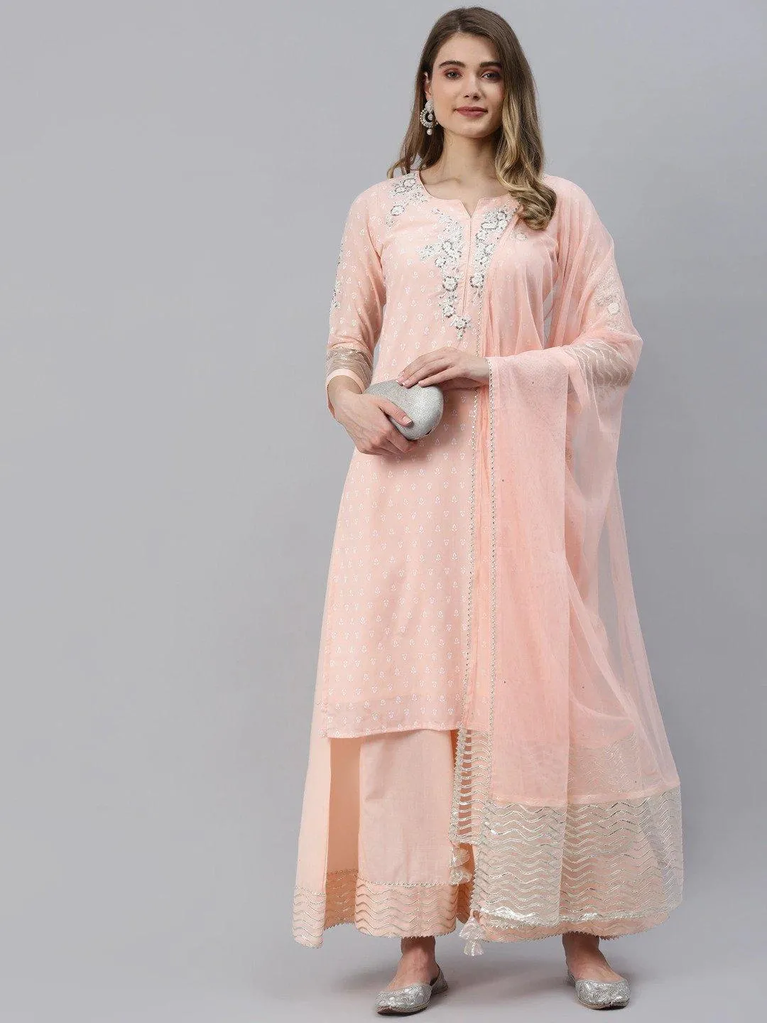 Divena Light Pink Kurta Palazzo Set with Net Dupatta