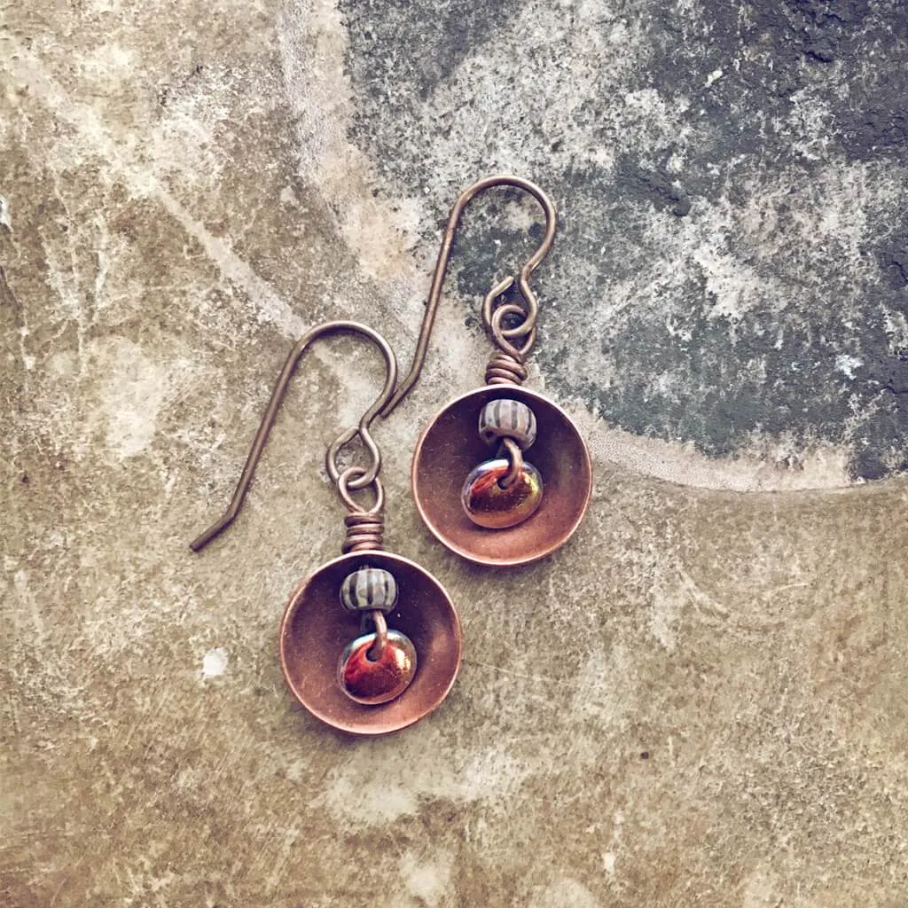 dome // copper and brass domed dangle earrings