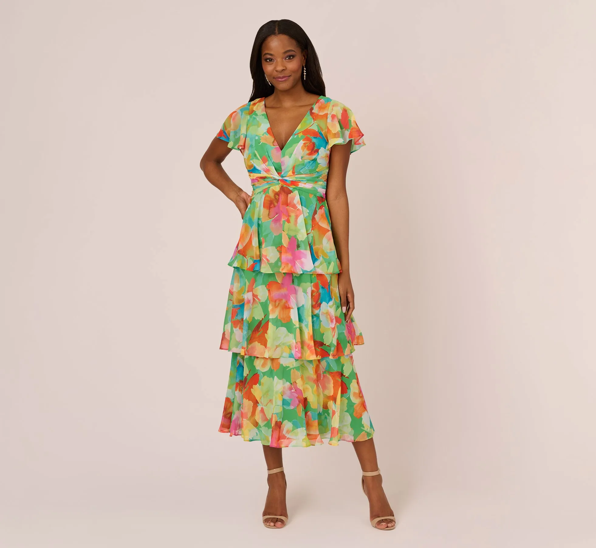 Floral Chiffon Tiered Dress With Flutter Short Sleeves In Green Multi